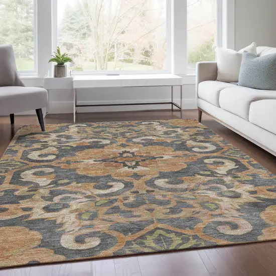 Terra Cotta And Charcoal Damask Washable Indoor Outdoor Area Rug Photo 7