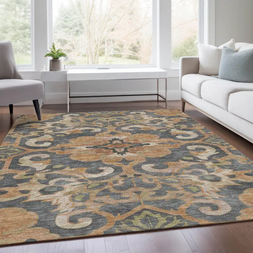 Terra Cotta And Charcoal Damask Washable Indoor Outdoor Area Rug Photo 7