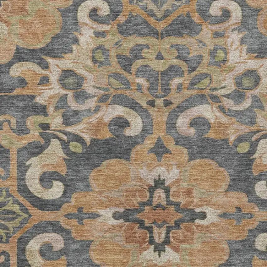 Terra Cotta And Charcoal Damask Washable Indoor Outdoor Area Rug Photo 4