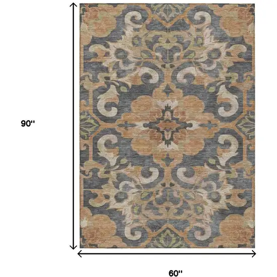 Terra Cotta And Charcoal Damask Washable Indoor Outdoor Area Rug Photo 9