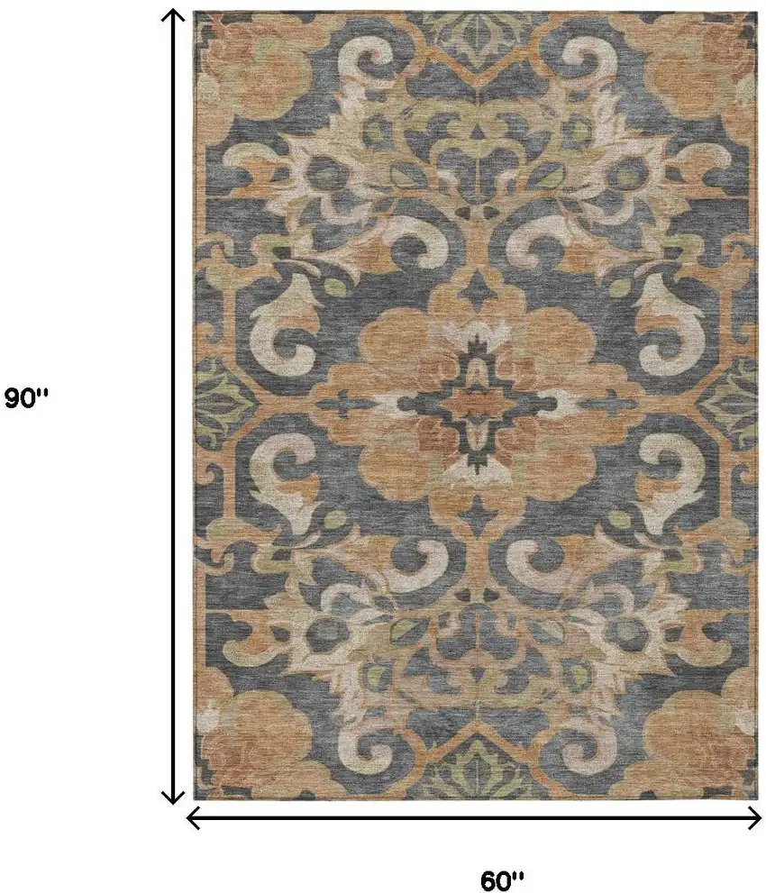 Terra Cotta And Charcoal Damask Washable Indoor Outdoor Area Rug Photo 9