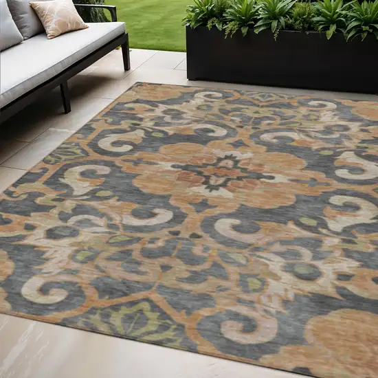 Terra Cotta And Charcoal Damask Washable Indoor Outdoor Area Rug Photo 2