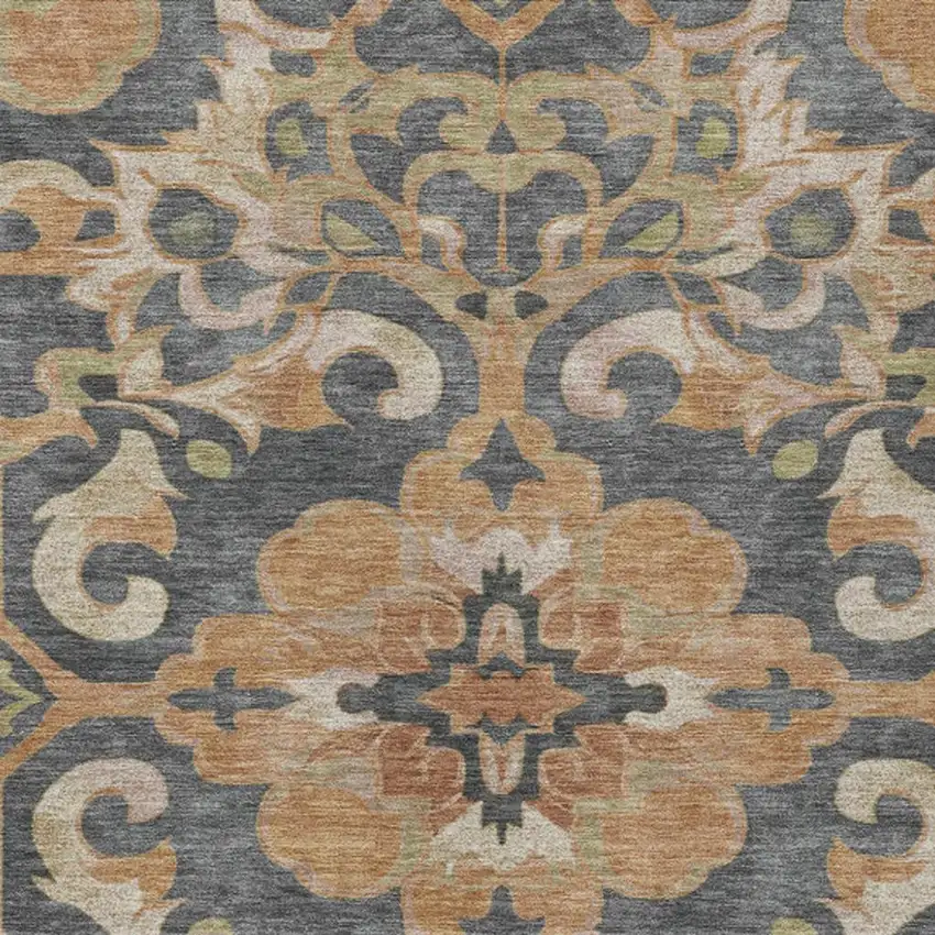 Terra Cotta And Charcoal Damask Washable Indoor Outdoor Area Rug Photo 3