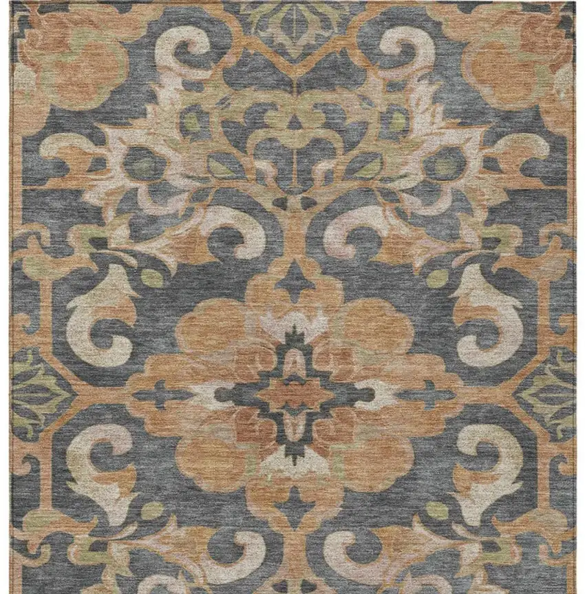 Terra Cotta And Charcoal Damask Washable Indoor Outdoor Area Rug Photo 4