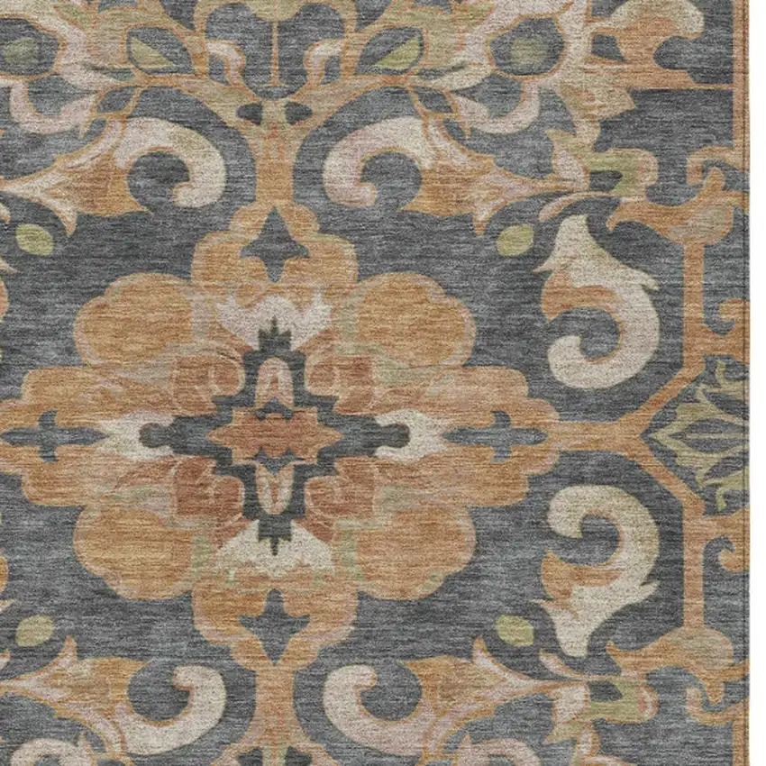 Terra Cotta And Charcoal Damask Washable Indoor Outdoor Area Rug Photo 7