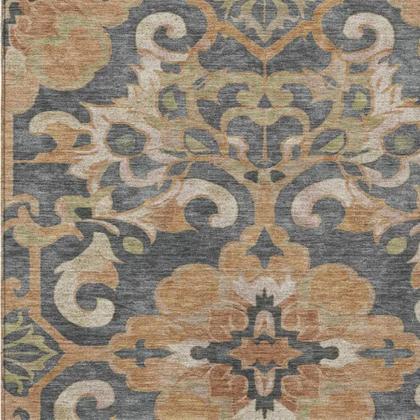 Terra Cotta And Charcoal Damask Washable Indoor Outdoor Area Rug Photo 4