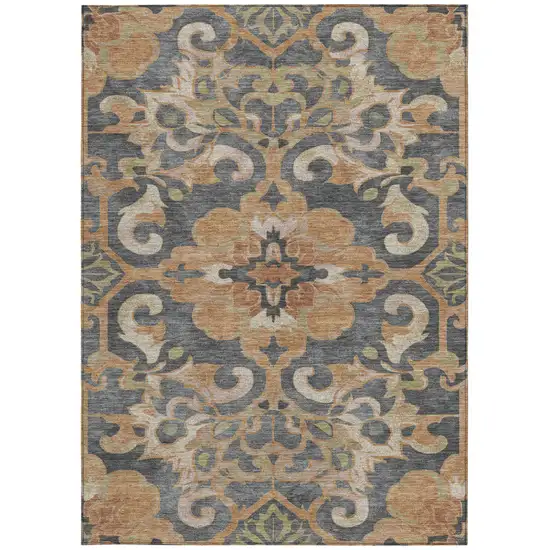 Terra Cotta And Charcoal Damask Washable Indoor Outdoor Area Rug Photo 3