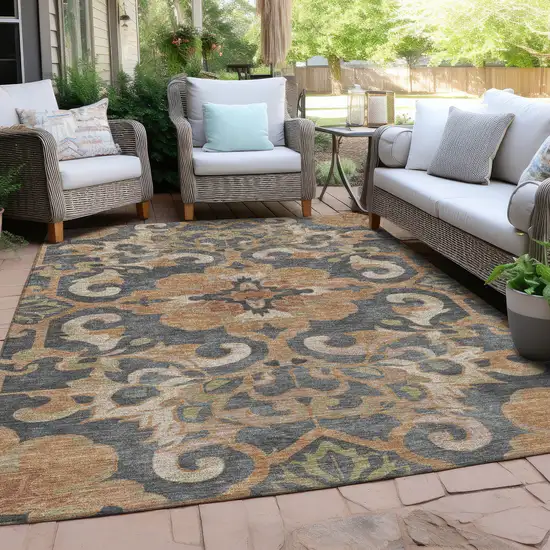 Terra Cotta And Charcoal Damask Washable Indoor Outdoor Area Rug Photo 5