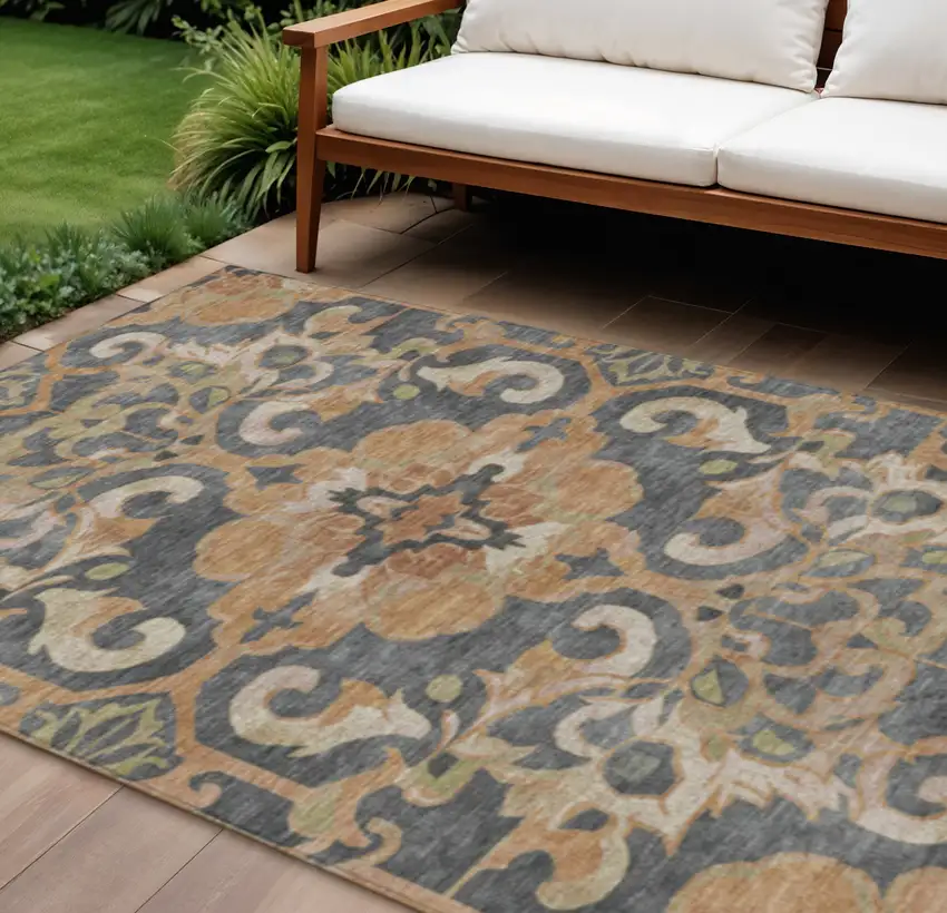 Terra Cotta And Charcoal Damask Washable Indoor Outdoor Area Rug Photo 2