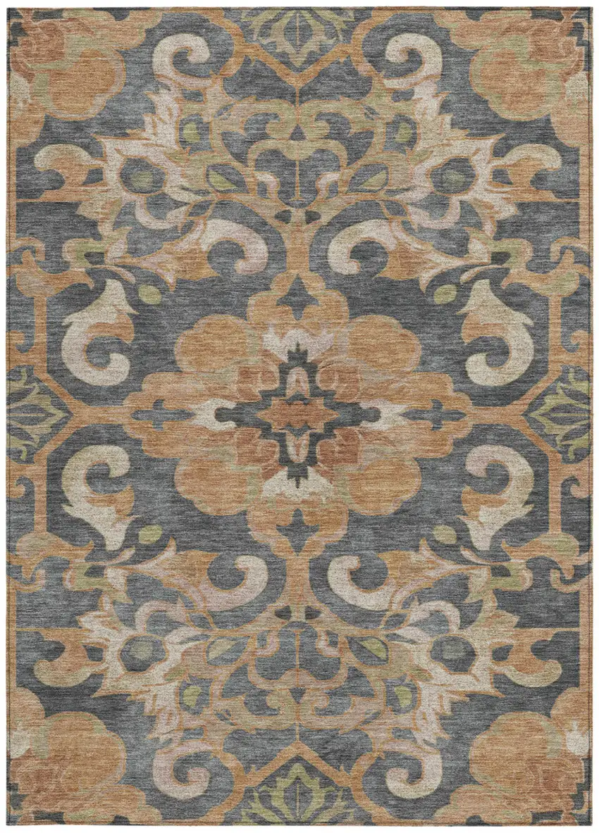 Terra Cotta And Charcoal Damask Washable Indoor Outdoor Area Rug Photo 4