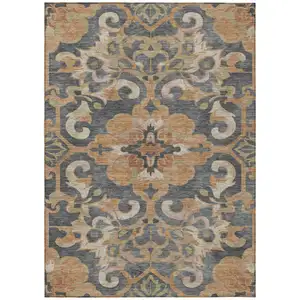 Photo of Terra Cotta And Charcoal Damask Washable Indoor Outdoor Area Rug
