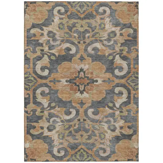Terra Cotta And Charcoal Damask Washable Indoor Outdoor Area Rug Photo 1