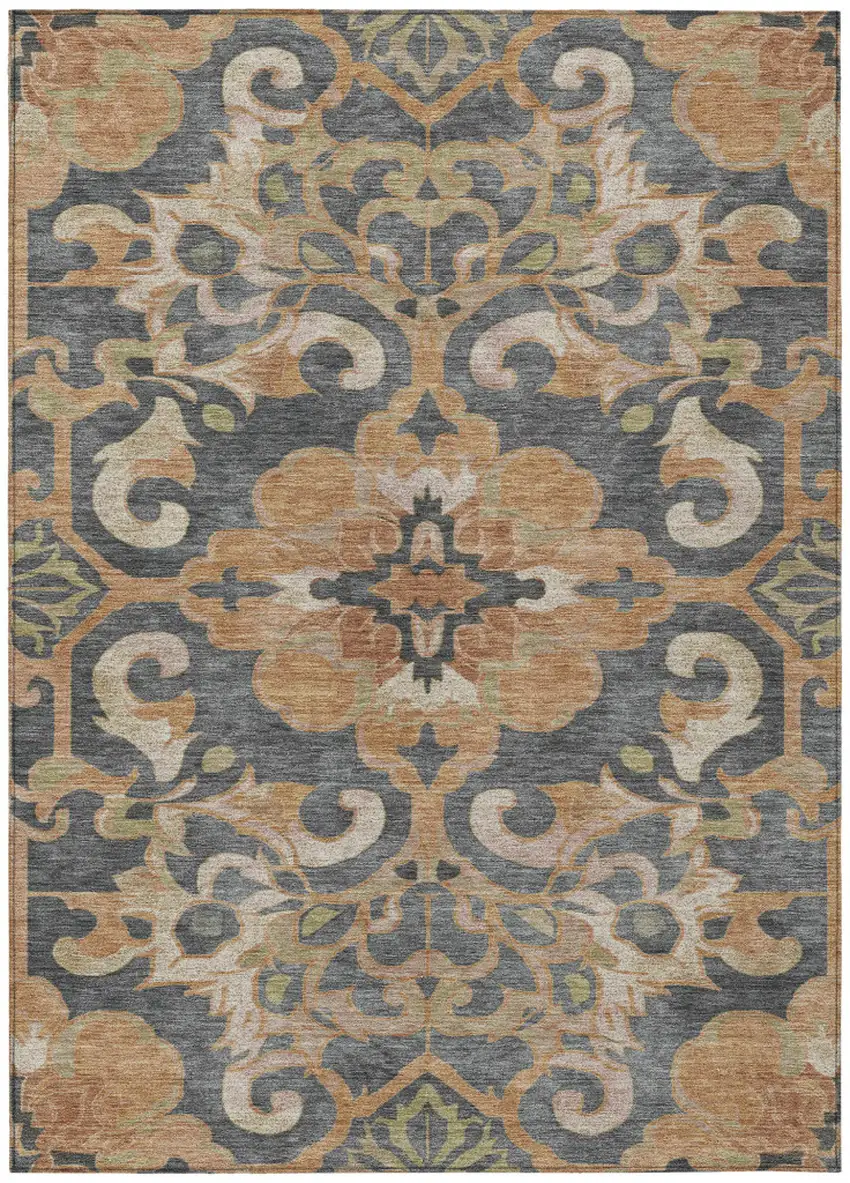 Terra Cotta And Charcoal Damask Washable Indoor Outdoor Area Rug Photo 1