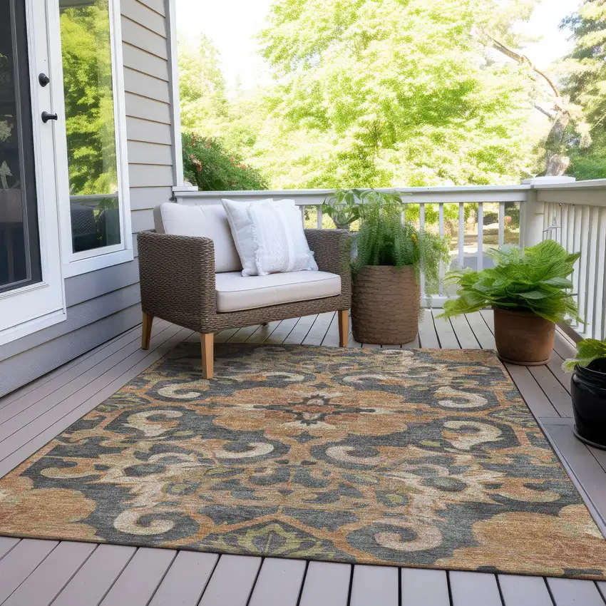 Terra Cotta And Charcoal Damask Washable Indoor Outdoor Area Rug Photo 8