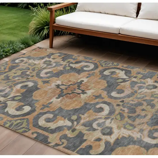 Terra Cotta And Charcoal Damask Washable Indoor Outdoor Area Rug Photo 2