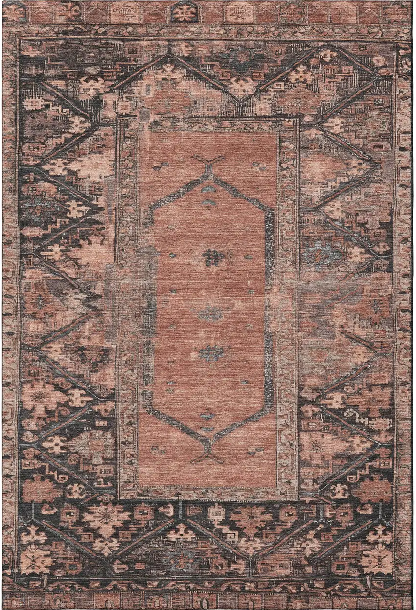 Terra Cotta And Charcoal Oriental Washable Area Rug With UV Protection Photo 3