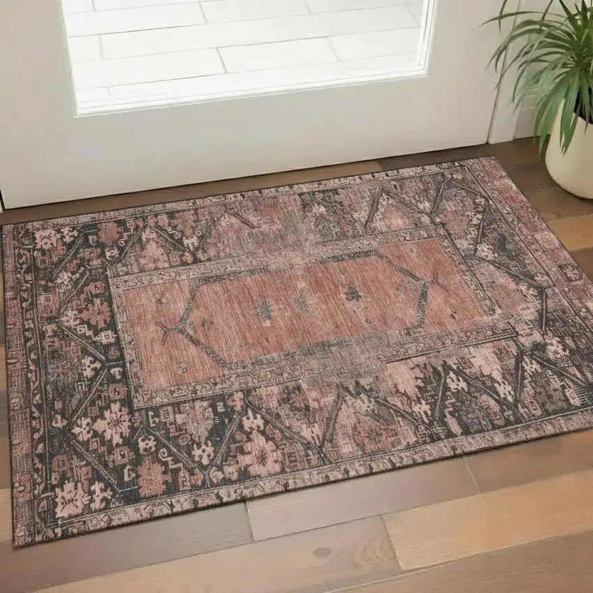 Terra Cotta And Charcoal Oriental Washable Area Rug With UV Protection Photo 2