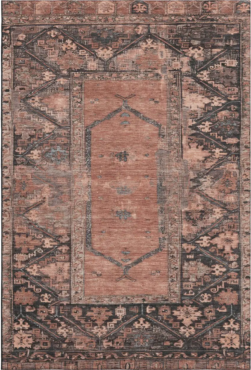 Terra Cotta And Charcoal Oriental Washable Area Rug With UV Protection Photo 1