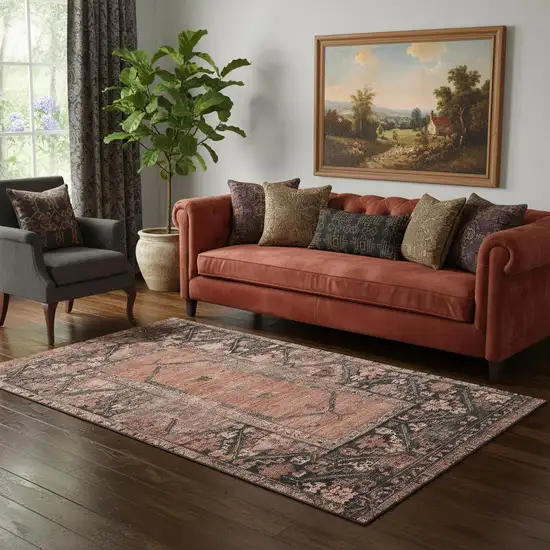 Terra Cotta And Charcoal Oriental Washable Area Rug With UV Protection Photo 2