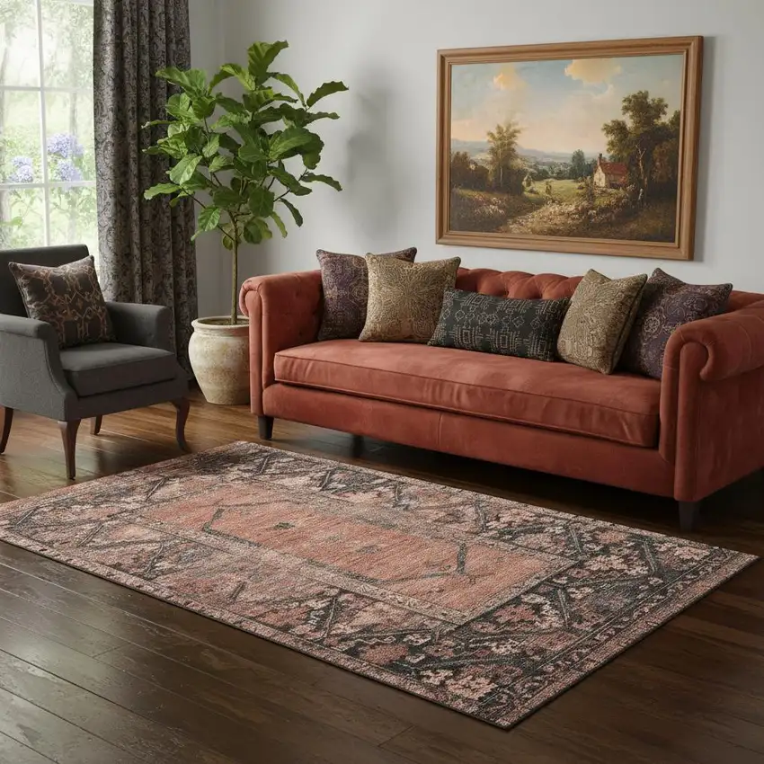 Terra Cotta And Charcoal Oriental Washable Area Rug With UV Protection Photo 2