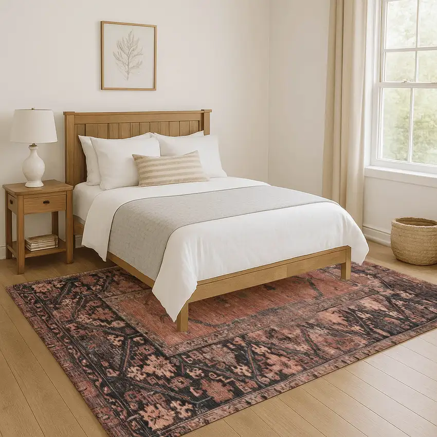 Terra Cotta And Charcoal Oriental Washable Area Rug With UV Protection Photo 5