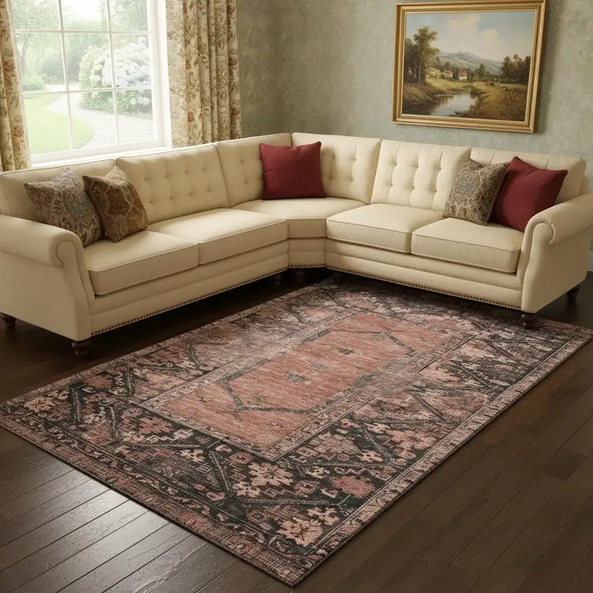 Terra Cotta And Charcoal Oriental Washable Area Rug With UV Protection Photo 2