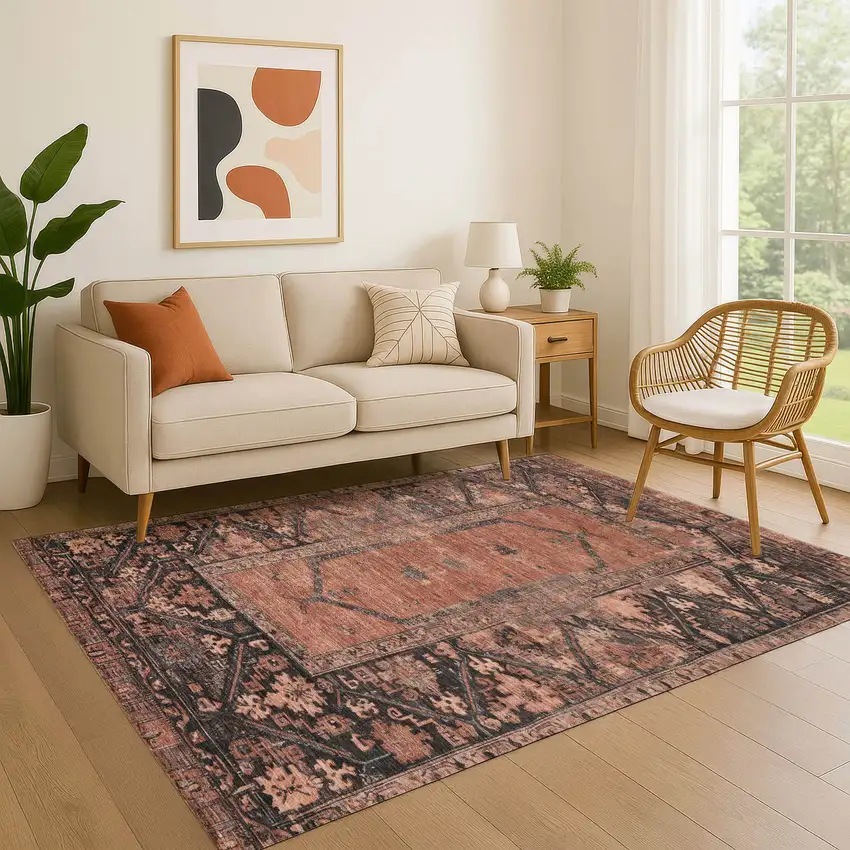 Terra Cotta And Charcoal Oriental Washable Area Rug With UV Protection Photo 4
