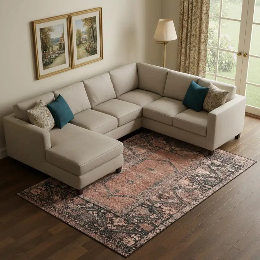 Terra Cotta And Charcoal Oriental Washable Area Rug With UV Protection Photo 2