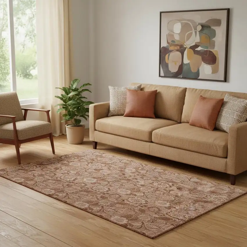 Terra Cotta And Copper Floral Washable Area Rug With UV Protection Photo 2