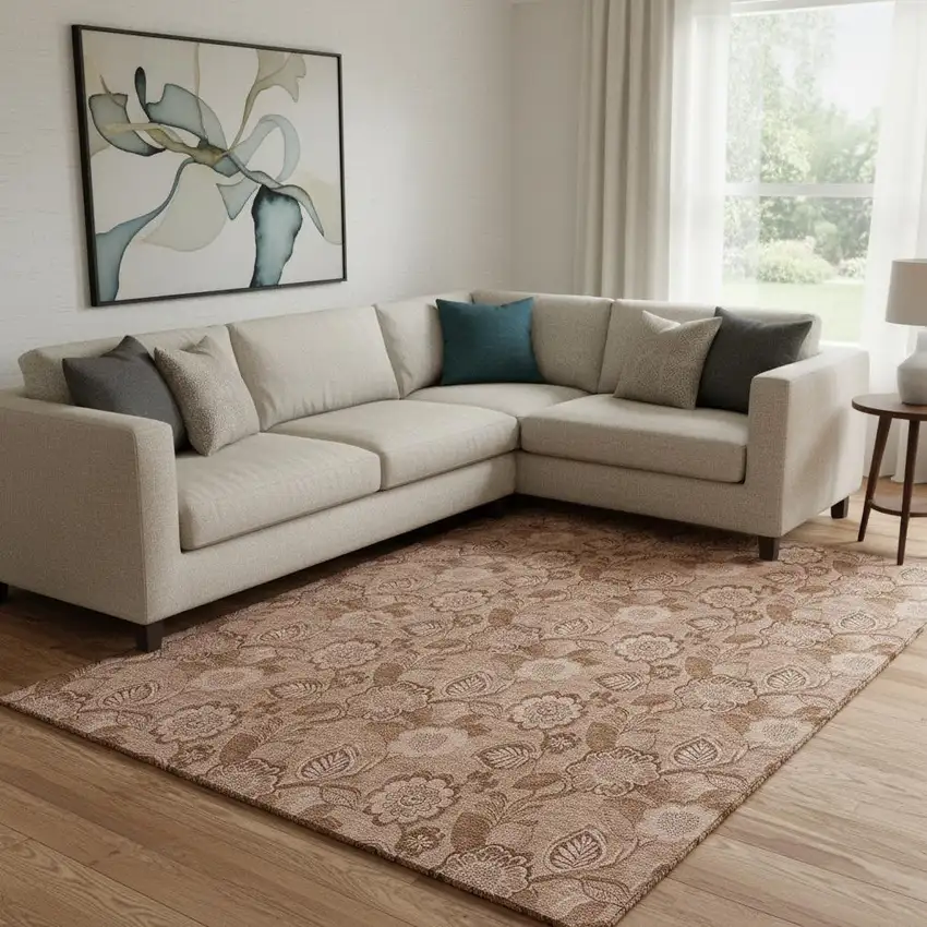 Terra Cotta And Copper Floral Washable Area Rug With UV Protection Photo 1