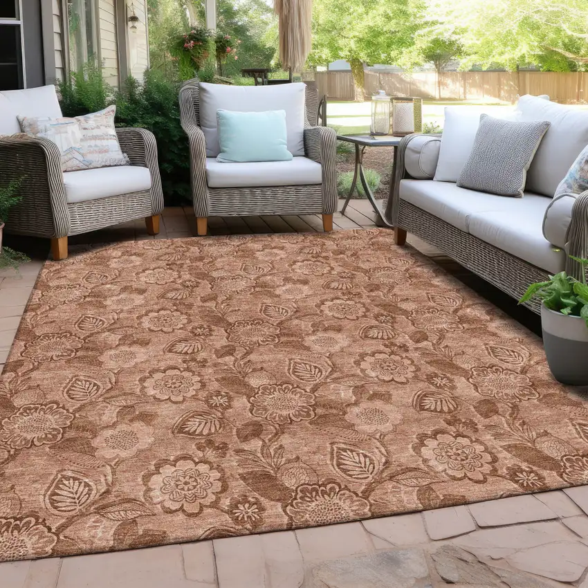 Terra Cotta And Copper Floral Washable Indoor Outdoor Area Rug Photo 5