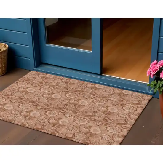 Terra Cotta And Copper Floral Washable Indoor Outdoor Area Rug Photo 2