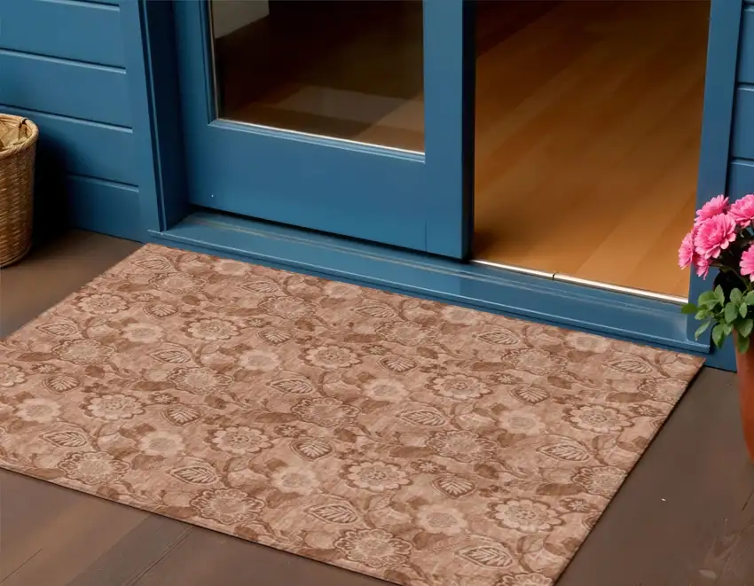 Terra Cotta And Copper Floral Washable Indoor Outdoor Area Rug Photo 2