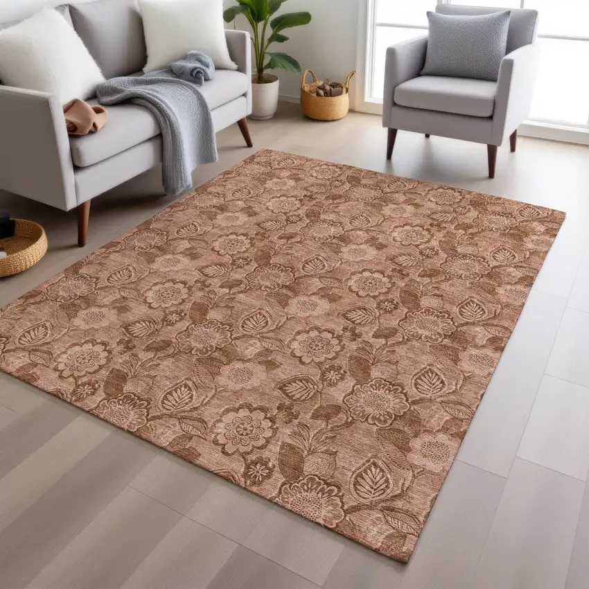 Terra Cotta And Copper Floral Washable Indoor Outdoor Area Rug Photo 6