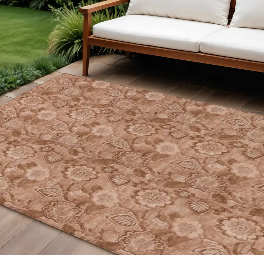 Terra Cotta And Copper Floral Washable Indoor Outdoor Area Rug Photo 2