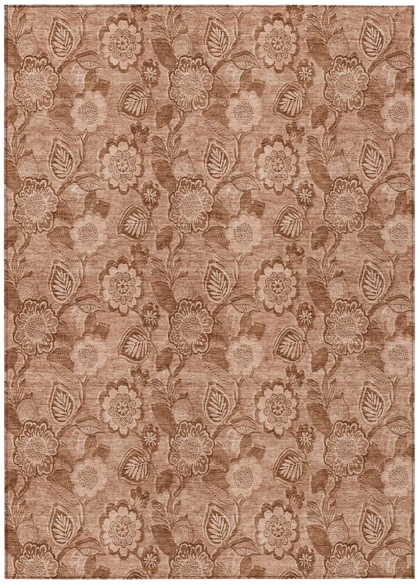 Terra Cotta And Copper Floral Washable Indoor Outdoor Area Rug Photo 1