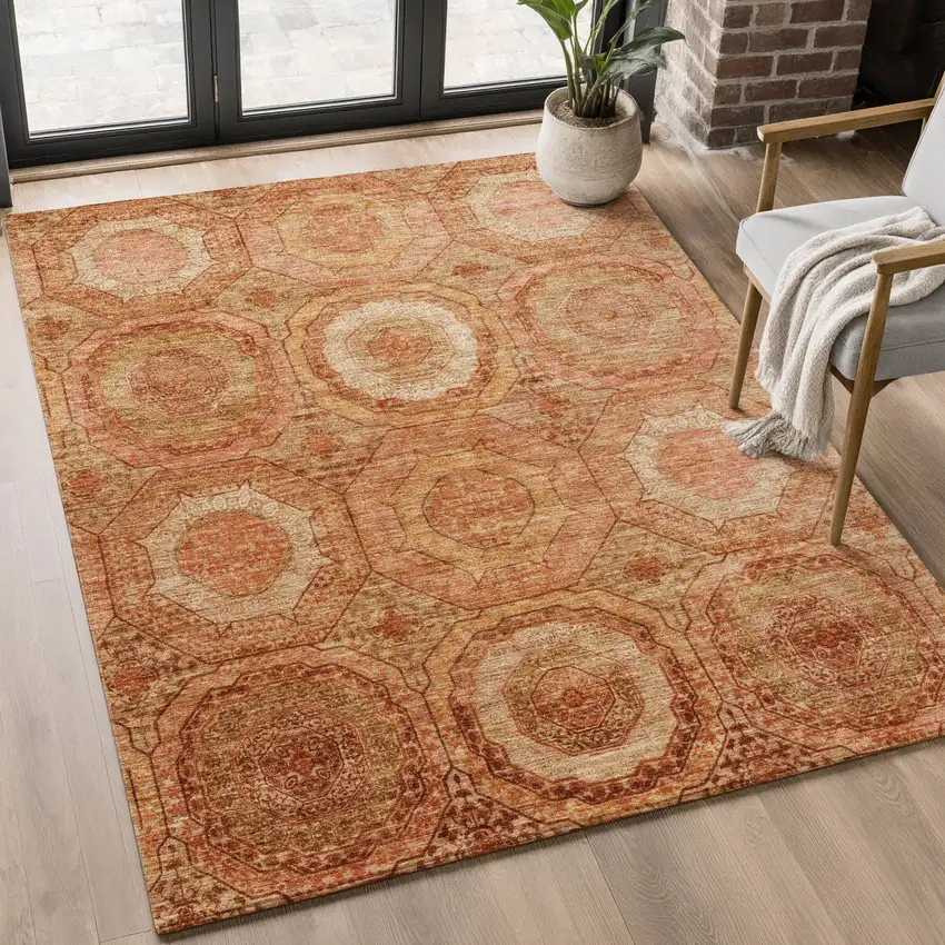 Terra Cotta And Copper Geometric Washable Area Rug With UV Protection Photo 5
