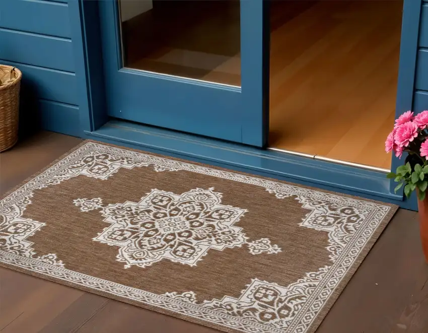 Terra Cotta And Cream Medallion Indoor Outdoor Area Rug Photo 1