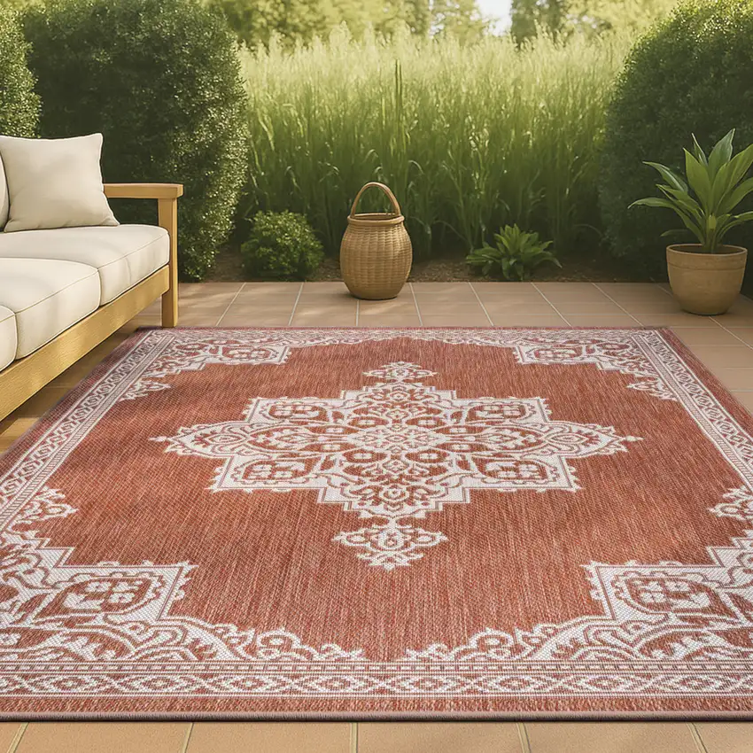 Terra Cotta And Cream Medallion Indoor Outdoor Area Rug Photo 4