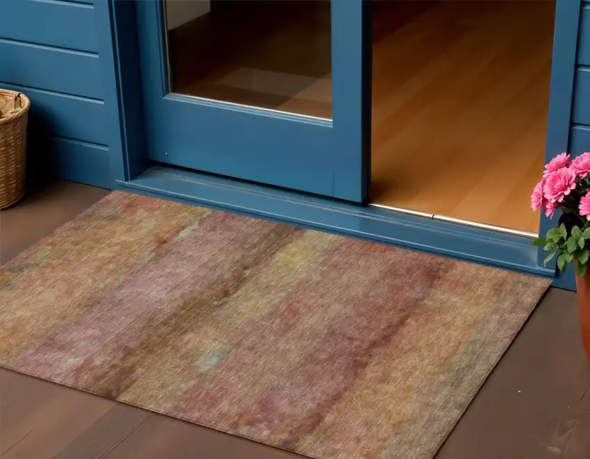 Terra Cotta And Gold Abstract Washable Indoor Outdoor Area Rug Photo 1