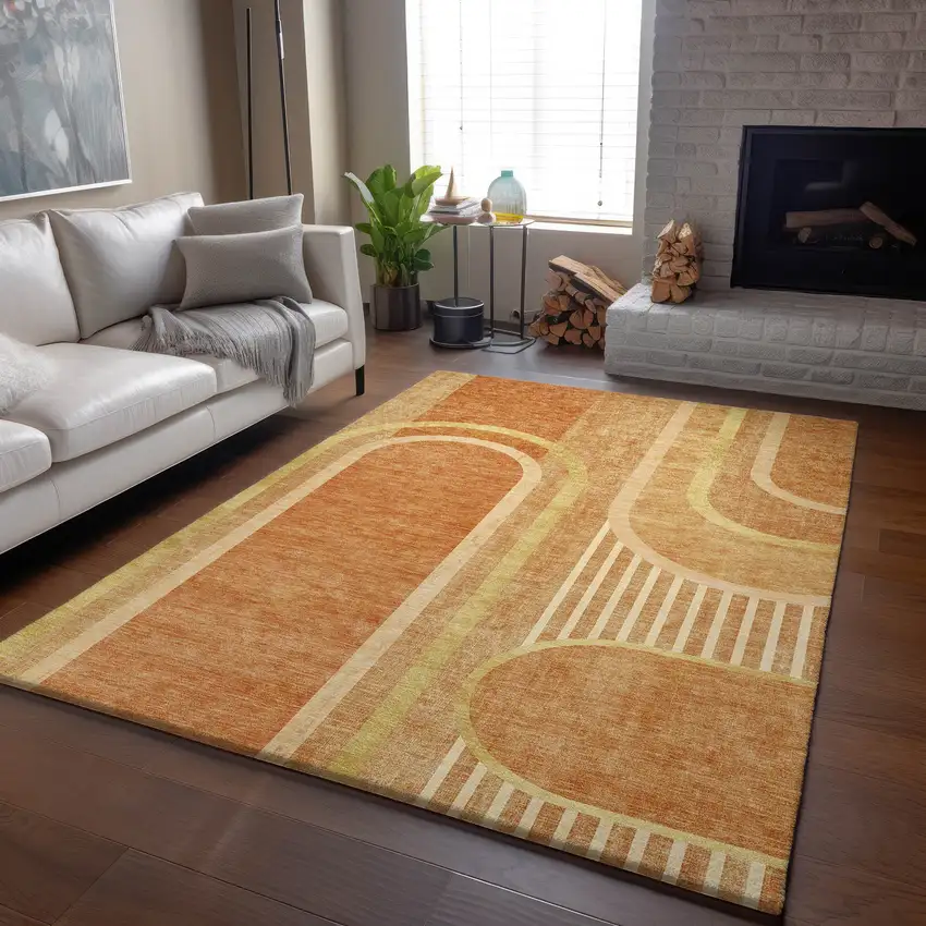 Terra Cotta And Gold Geometric Washable Area Rug With UV Protection Photo 5