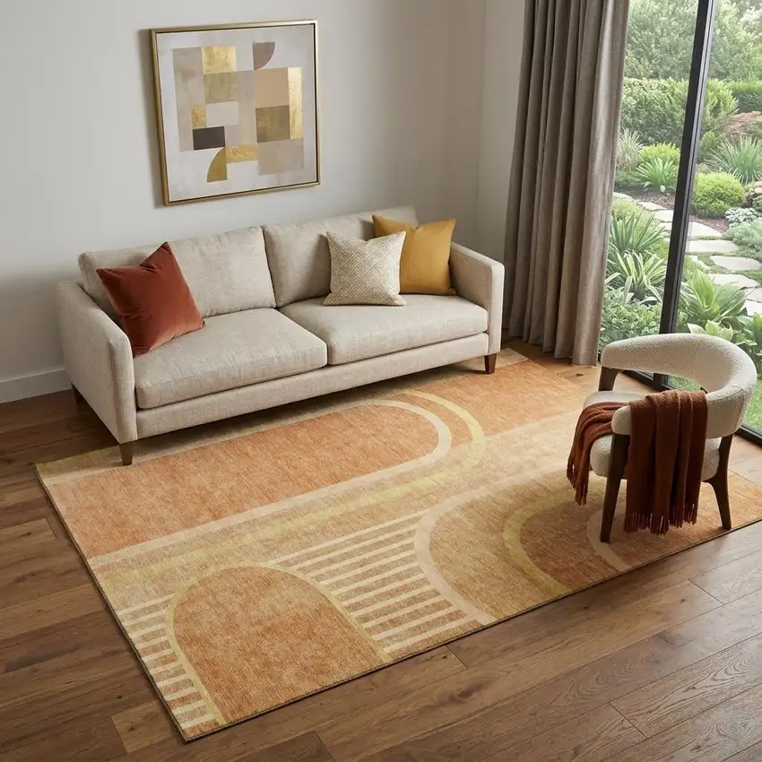 Terra Cotta And Gold Geometric Washable Area Rug With UV Protection Photo 1