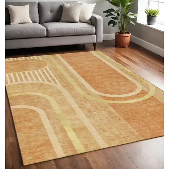 Terra Cotta And Gold Geometric Washable Area Rug With UV Protection Photo 2