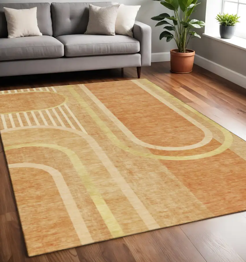 Terra Cotta And Gold Geometric Washable Area Rug With UV Protection Photo 2