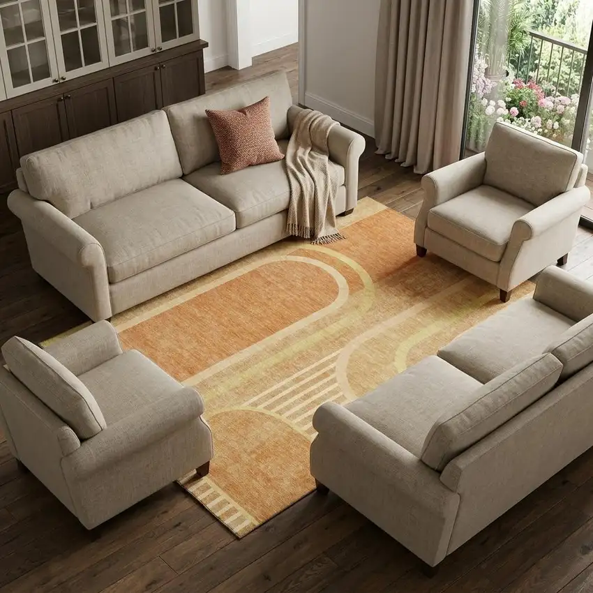 Terra Cotta And Gold Geometric Washable Area Rug With UV Protection Photo 1
