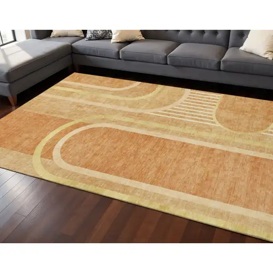 Terra Cotta And Gold Geometric Washable Area Rug With UV Protection Photo 2