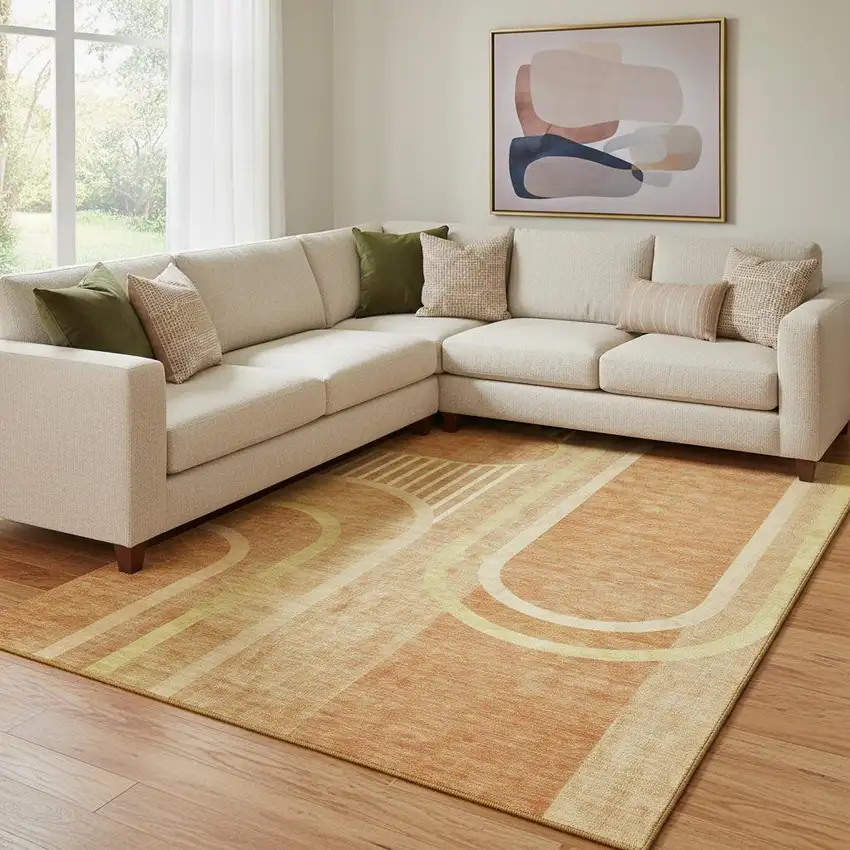 Terra Cotta And Gold Geometric Washable Area Rug With UV Protection Photo 1