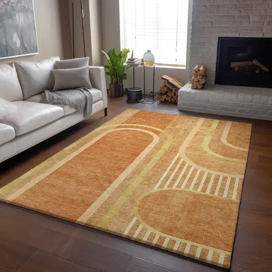 Terra Cotta And Gold Geometric Washable Area Rug With UV Protection Photo 6