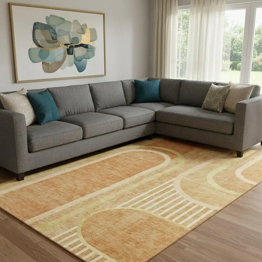 Terra Cotta And Gold Geometric Washable Area Rug With UV Protection Photo 1