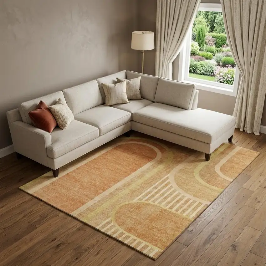 Terra Cotta And Gold Geometric Washable Area Rug With UV Protection Photo 1